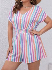 SHEIN VCAY Kích thước lớn Khối màu Sọc Eo đàn hồi Romper - Nhiều màu - Xem 6