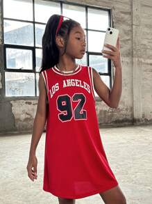 Tween女孩時尚街頭風夏季針織無袖字母印花v領坦克連衣裙 - 紅色 - 查看 5