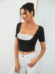 SHEIN Privé Damska elegancka koszulka do dojazdów do pracy, do pracy na co dzień, swobodna i uniwersalna 2 w 1, czarna, letnia, z krótkim rękawem