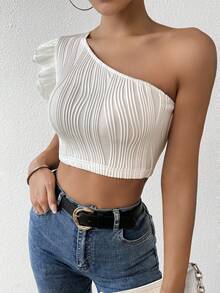 SHEIN Essnce Women's Textured One Shoulder Puff Sleeve Top - White - View 3