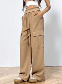 SHEIN EZwear Women's Plain Wide-Leg Cargo Pants - Khaki - View 4
