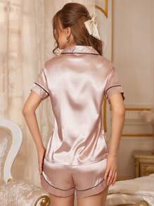 LuxeNights 仿丝心形刺绣口袋短袖上衣和短裤睡衣套装 - 粉色 - 查看 2
