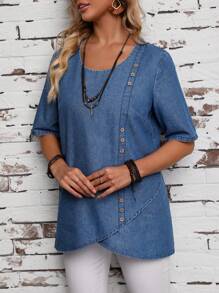 SHEIN LUNE Top De Mezclilla Con Botones Adornados En El Dobladillo Envolvente - Azul - Ver 4
