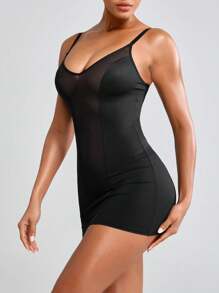 Women's Mesh Panel Tummy Control Bodycon Dress With Spaghetti Straps