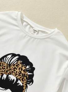 Teenage Girl's Leopard Print Portrait Mural Short-Sleeved T-Shirt And Shorts Set, School, Campus, College - White - View 4