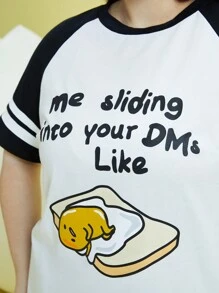 Gudetama X SHEIN Hơn Đồ họa bằng khẩu hiệu và hoạt hình Tương phản Tay Raglan Áo thun - Đen và trắng - Xem 5