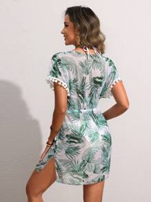 Swim Lushoire Summer Beach Women's Tropical Pattern V-Neck Cover Up Dress - White - View 2