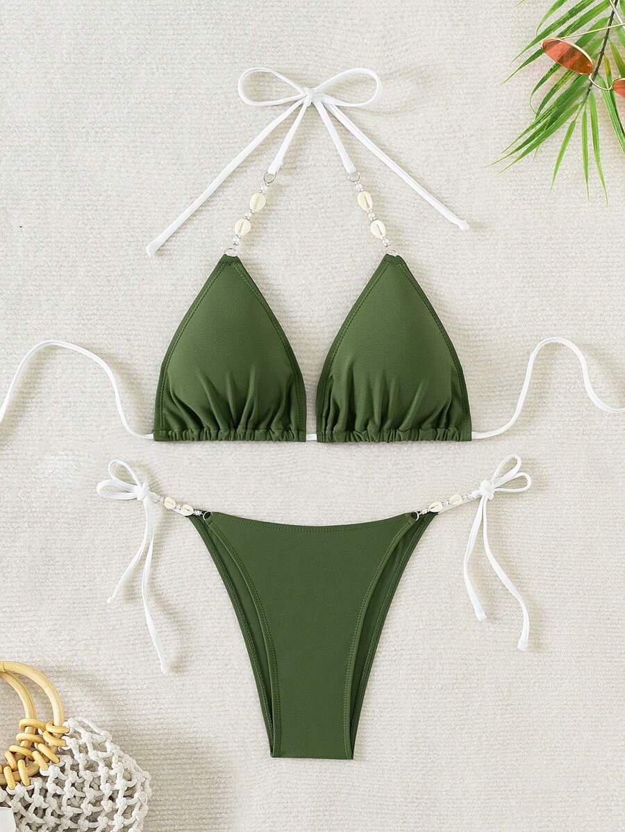 SHEIN Swim Shell Decorated Two-Piece Bikini Set, String Bikini Set Swimwear Bathing Suit Beach Outfit Summer Vacation Summer Beach - Army Green - View 1