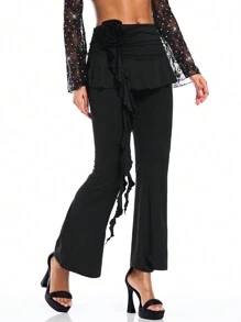 SHEIN BAE 女款褶皺2-in-1花邊超低腰長褲 - 黑色 - 查看 5