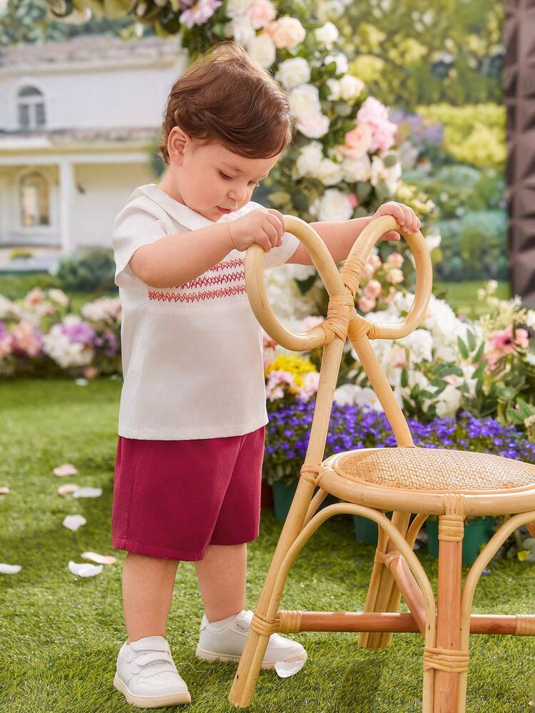 Baby Boy's Casual Two Pieces Outfit With Short Sleeve Color Block T-Shirt And Wine Red Shorts