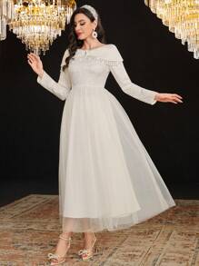Modelyn Váy thắt eo đính ngọc trai Jacquard dành cho nữ - Màu be - Xem 8