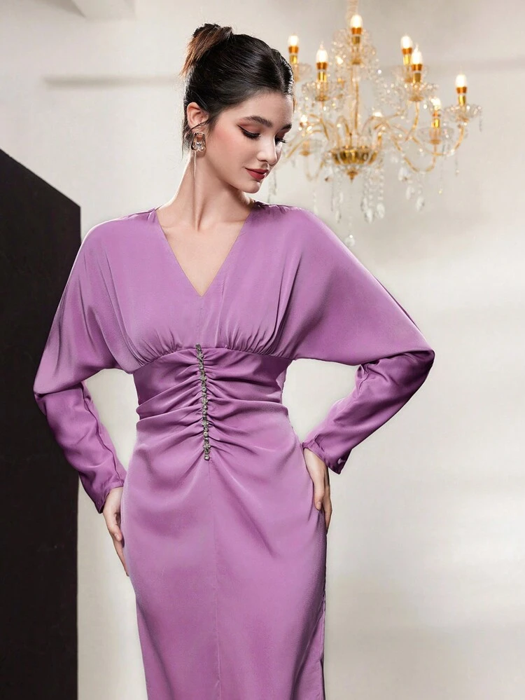 Women's Rhinestone Embellished Pleated Batwing Sleeve Dress Long Evening Dresses Fall Cloth For Women