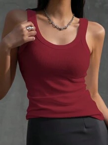 DAZY 女士純色圓領夏季背心上衣 - 酒紅色 - 查看 4