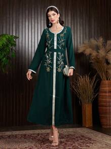 Al Najma 女士水晶装饰编织腰带拼接优雅卡夫坦连衣裙，优雅晚会连衣裙 - 綠色 - 查看 5