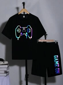 SHEIN Thiếu niên Con trai Kiểu Mỹ Giải trí Trang phục trên phố In bảng điều khiển trò chơi Ngắn tay Áo thun Và In thư Quần short , Mùa xuân/Mùa hè - màu đen - Xem 1