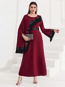 Modelyn Burgundy Red Women's Glitter Patchwork Fringe Decorated Bodycon Dress Long Evening Dresses Fall Cloth For Women - Burgundy - View 4