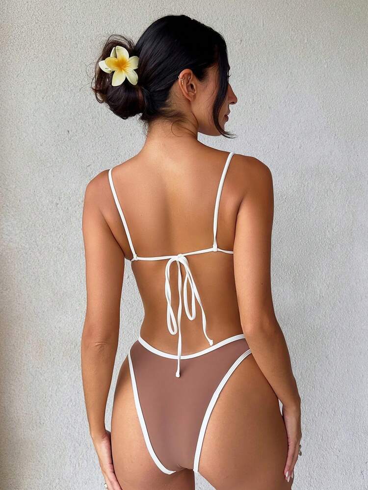 Women Contrast Binding Bikini Set, Wireless Bra & Bikini Set Bottom, For Summer, Beach, Swimming Pool Summer Beach