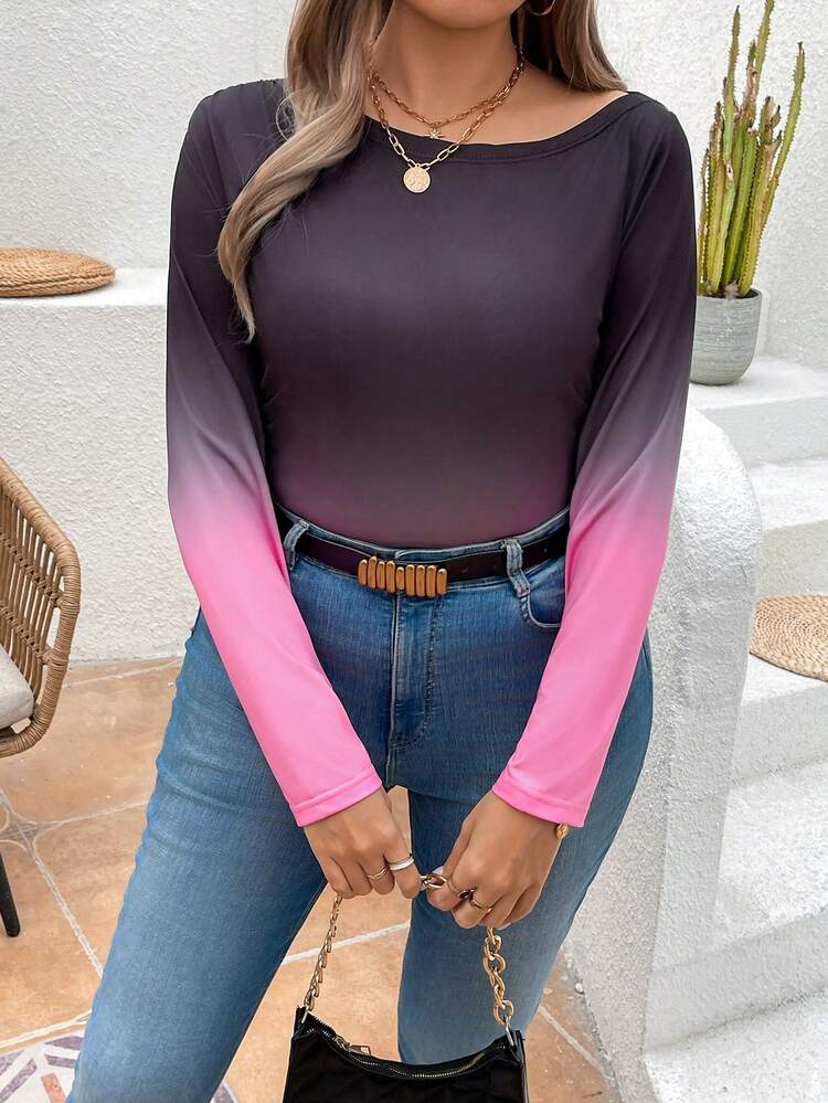 Plus Size Gradient Color Pleated Asymmetrical Hem T-Shirt