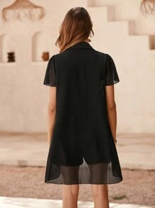 SHEIN LUNE 短袖不對稱下擺襯衫和短褲套裝 - 黑色 - 查看 2
