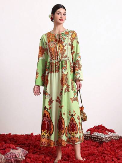 Divindia Women's Floral Printed Front Tie Style Dress