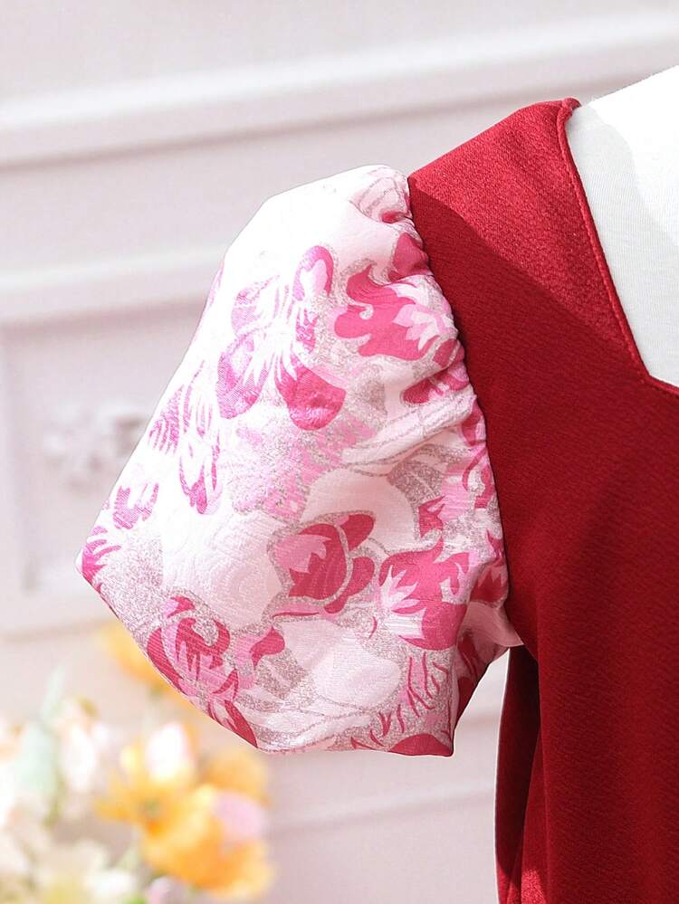 Tween Girl's Color Block Flower Print Patchwork Bubble Sleeve Party Dress