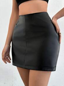 RueChic Women's PU Leather Back Zipper Skirt - Black - View 1