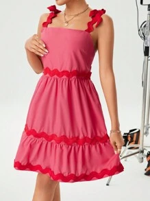 Chiquease Vestido de mujer con nudo en el hombro y bloque de color - Rosa Fucsia - Ver 4
