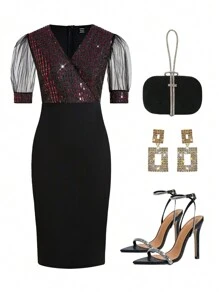 SHEIN Clasi 女士透明網紗泡泡袖緊身連身裙 - 彩色 - 查看 2