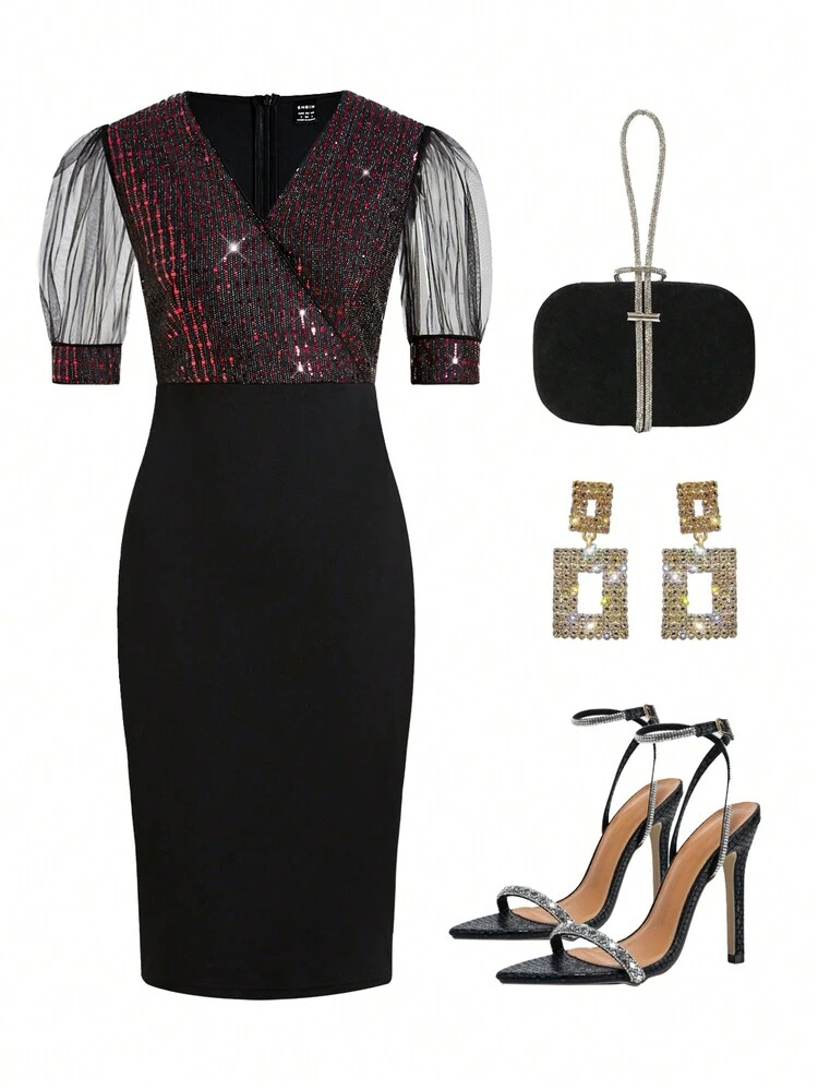 Women's Sheer Mesh Puff Sleeve Bodycon Summer  Dress  Ramadan Dress