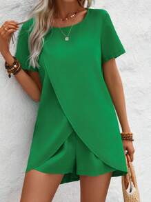 SHEIN LUNE Ladies Green Wrap Top And Shorts 2-Piece Set - Green - View 6
