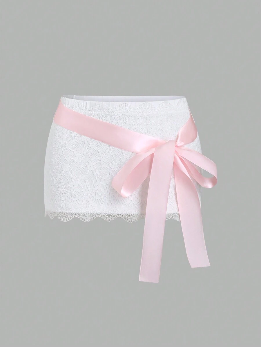 EgrlEra Falda blanca con lazo y encaje de color contrastante estilo Y2K - Blanco - Ver 1