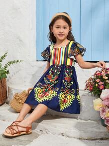 SHEIN Vestido Con Estampado De Patrón Retro Para Niña Joven Con Cuello Cuadrado Y Mangas Con Volantes