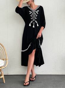 RueChic Embroidery Detail Modest Dress - Black - View 3