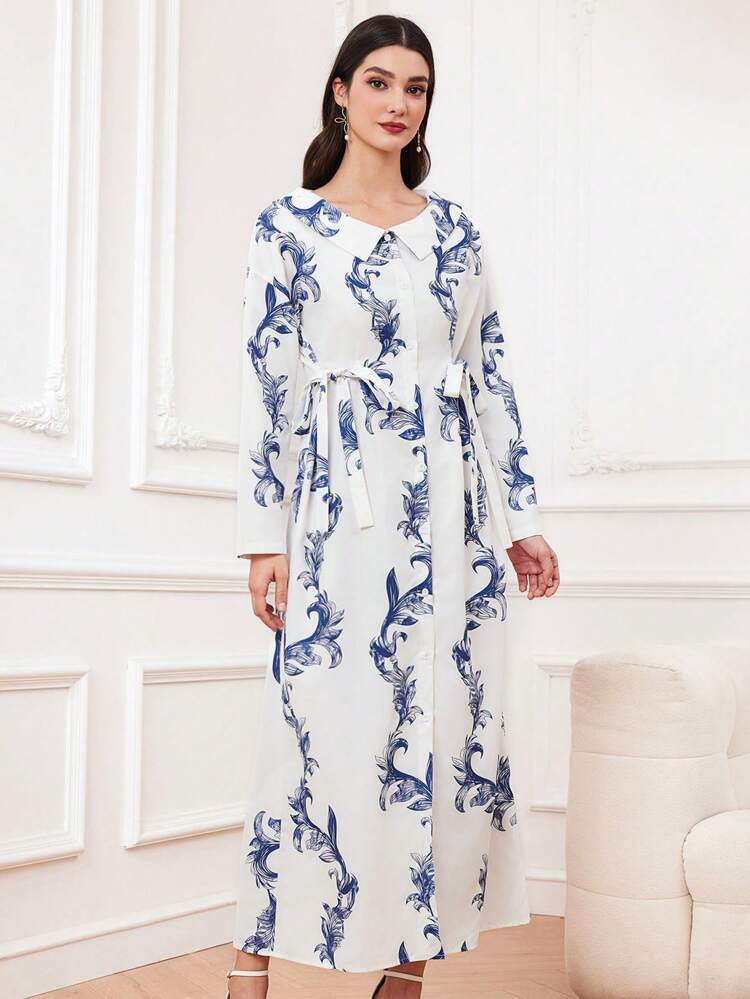 Women's Baroque Print Shirt Dress With Bow Decoration