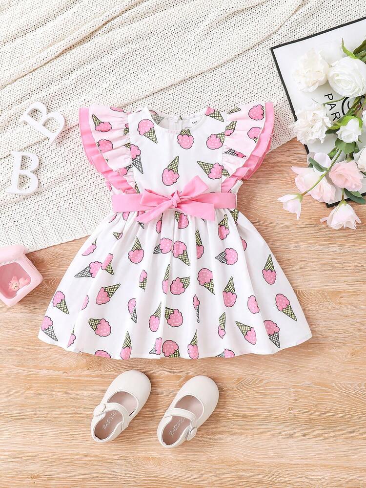 Baby Girl Cute Ice Cream Cartoon Pattern Color Block Sleeveless Dress With Ruffle Trim And Waist Belt