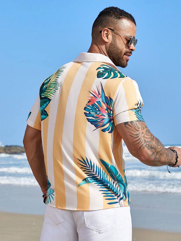 Camicia A Manica Corta Stampa Tropicale Con Righe Colorate Per Uomo Di Taglia Grande