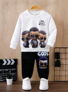 SHEIN 男嬰字母人物圖案衛衣和衛褲 - 黑與白 - 查看 1