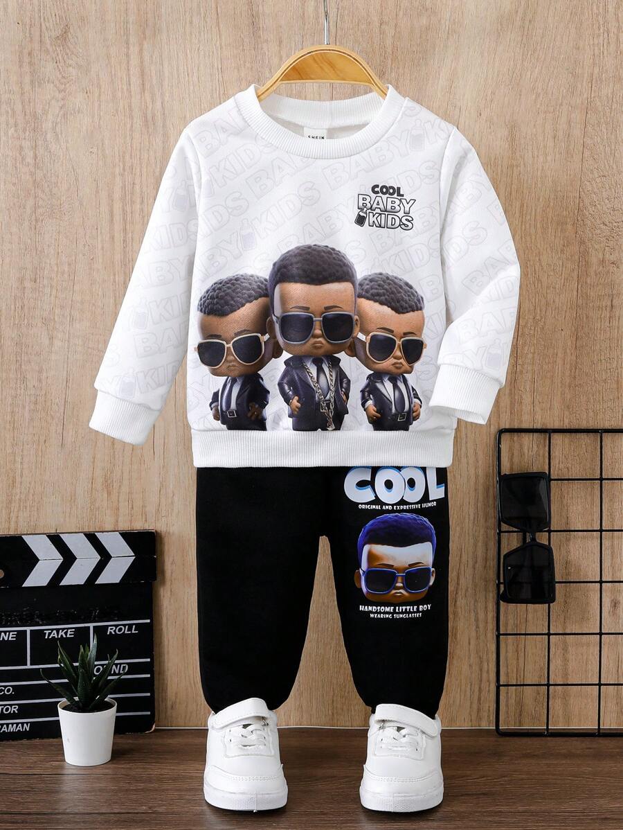 SHEIN 男嬰字母人物圖案衛衣和衛褲 - 黑與白 - 查看 1