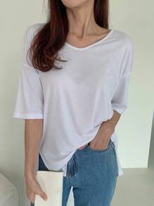 DAZY Ladies' Solid Color Simple Drop Shoulder T-Shirt - White - View 1