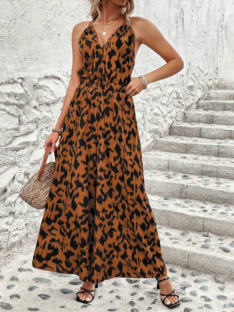 Women's Printed Full Backless Jumpsuit With Spaghetti Straps