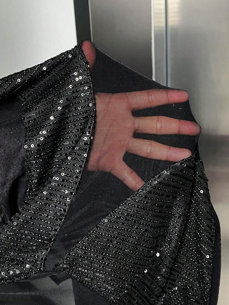 Valentine's Day Sexy Gorgeous Round Neck Long Sleeve Mesh See-Through Splicing Sequins Long 's Bodycon Dress With Center Back Slits