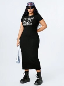 SHEIN Coolane 女式大碼字母和汽車印花連身裙 - 黑色 - 查看 3