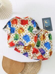 男童可愛舒適的卡通熊圖案短袖上衣+短褲套裝