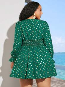 SHEIN CURVE+ Kích thước lớn Gold Foil Bông tuyết In Tay áo xù Đầm - màu xanh lá - Xem 2