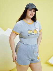 Gudetama X SHEIN 加大號漫畫圖案撞色綁帶短袖t恤和短褲 - 灰色 - 查看 6