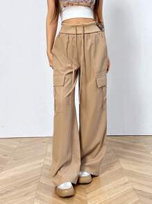 SHEIN EZwear Women's Plain Wide-Leg Cargo Pants - Khaki - View 6