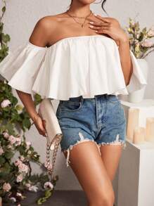 Chiquease Màu thuần Hình-quạt Xích đu Off Shoulder Áo sơ mi - trắng - Xem 4