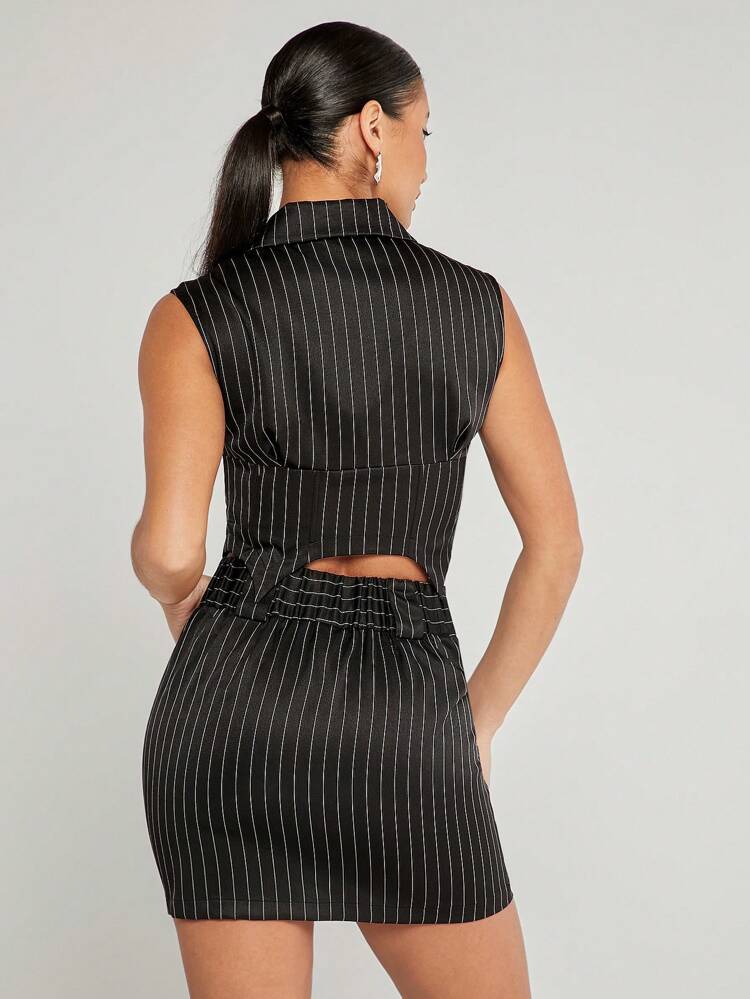 Pinstripe Button Crop Top & Skirt Two Piece Set