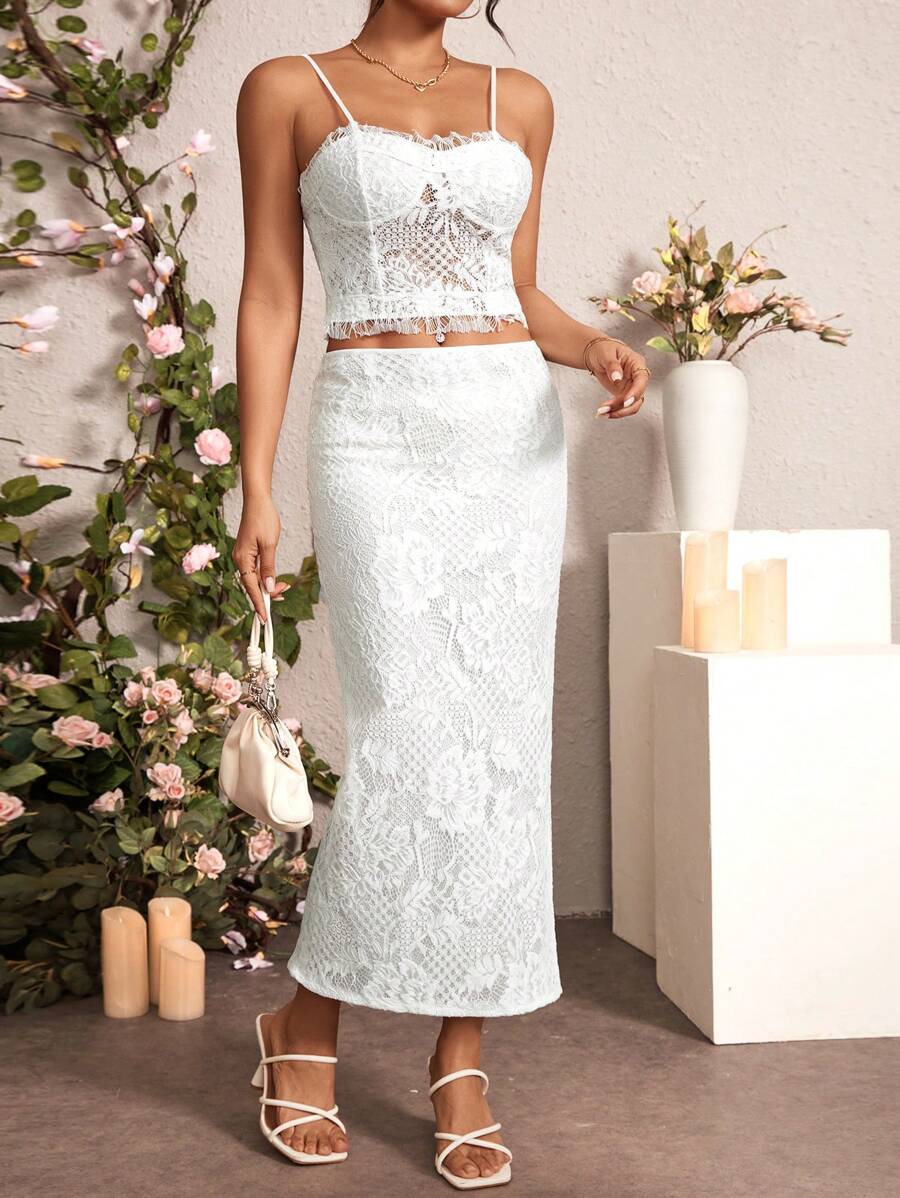 SHEIN Unity Lace Cami Top & Skirt Set - White - View 1