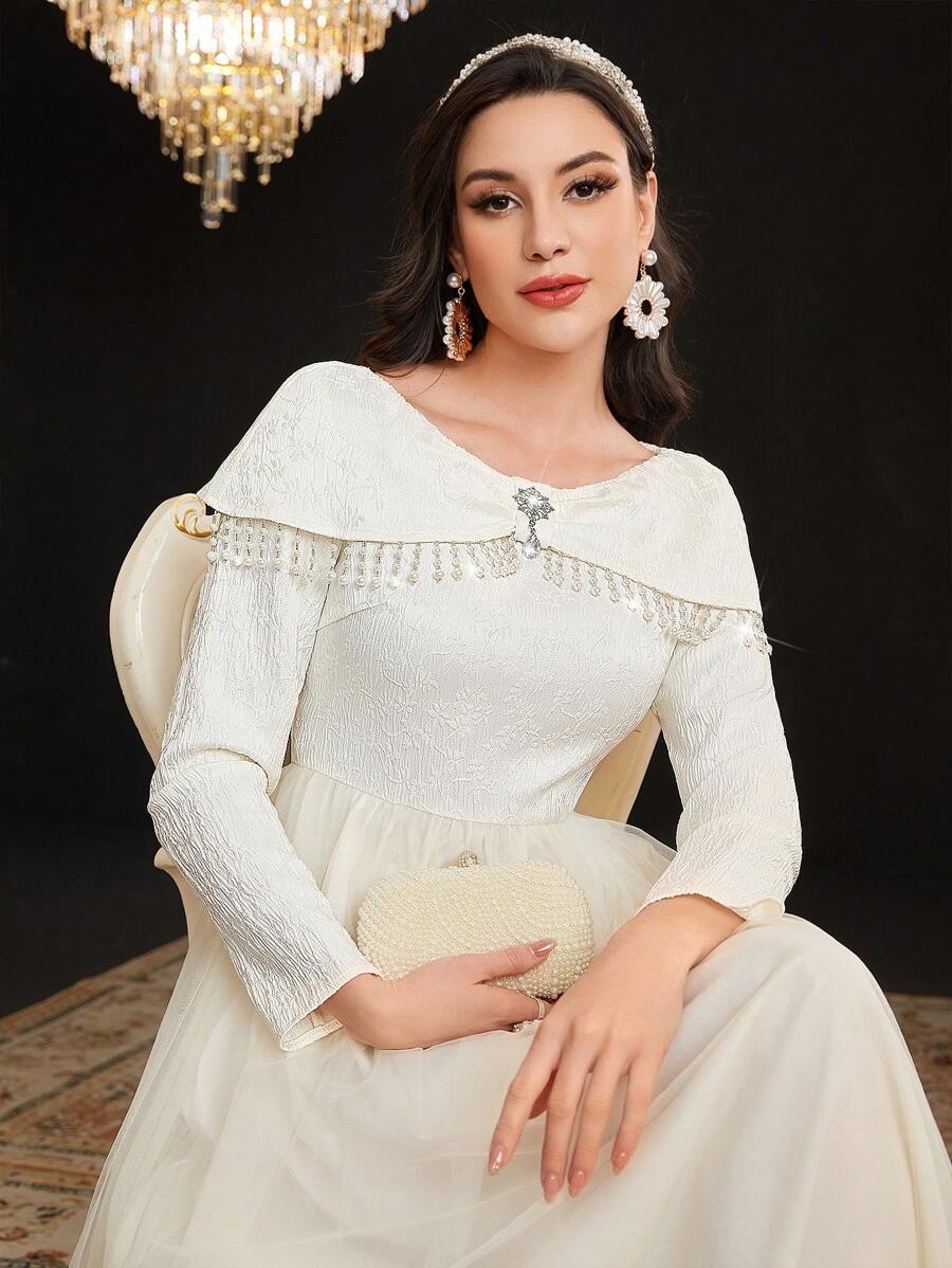Modelyn Váy thắt eo đính ngọc trai Jacquard dành cho nữ - Màu be - Xem 1